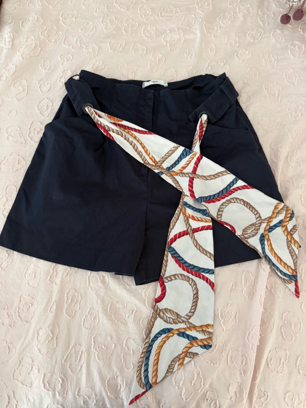 MANGO Navy High-Waist Shorts with Scarf Belt, Size S,4